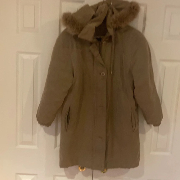 Cleo petites tan faux fur trim soft suede puffer jacket Sz PM - Picture 8 of 14